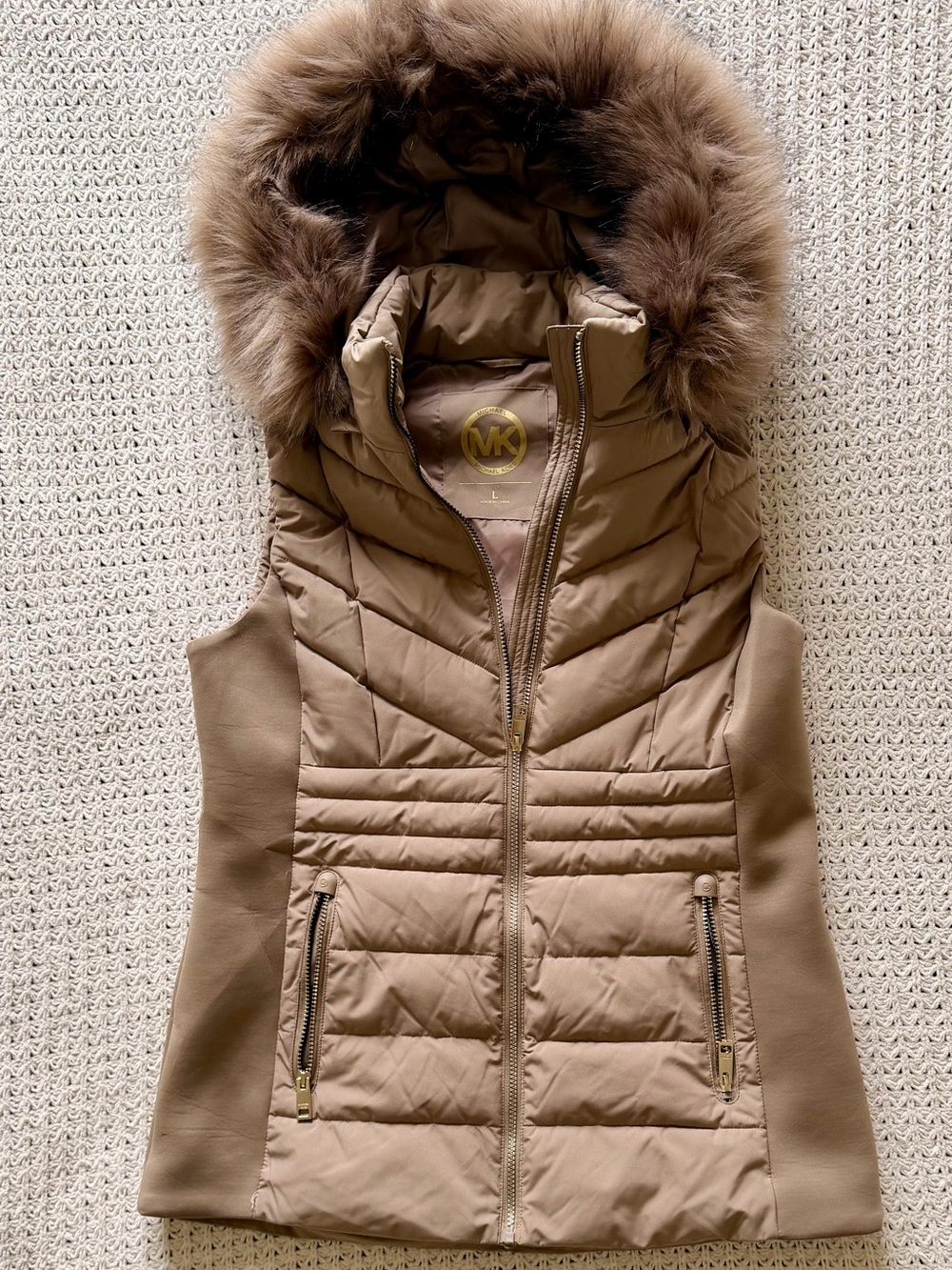 Michael Kors Taupe Quilted Hooded Vest with Faux Fur Hood